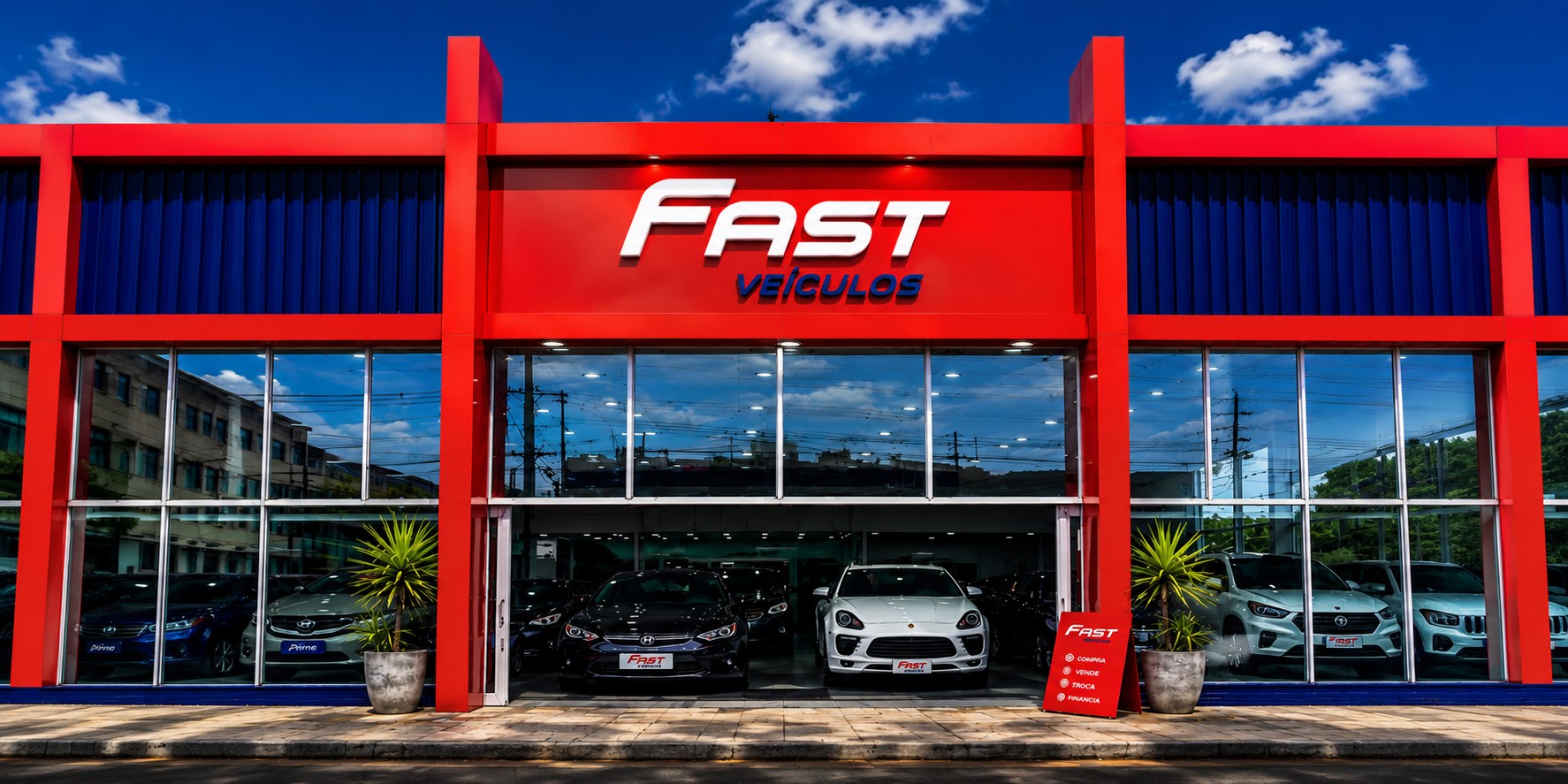 Fachada da loja Fast Veículos, com vitrine de carros à venda